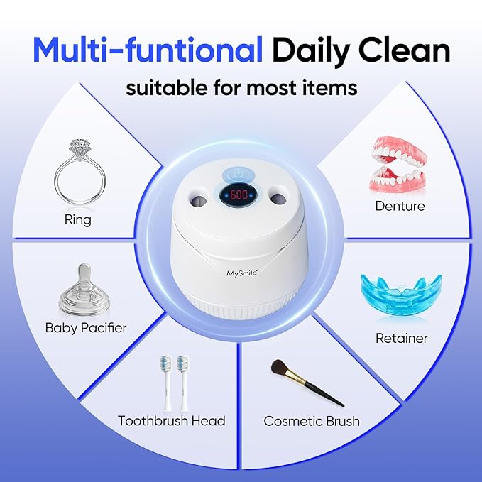 MySmile Ultrasonic Retainer Cleaner- 45kHz Denture Cleaner Machine with 200ML Capacity for Aligner, Mouth Guard, Braces, Portable Dental Cleaning Pod with 2 Mode Digital Timer for Home, Travel (WHITE)