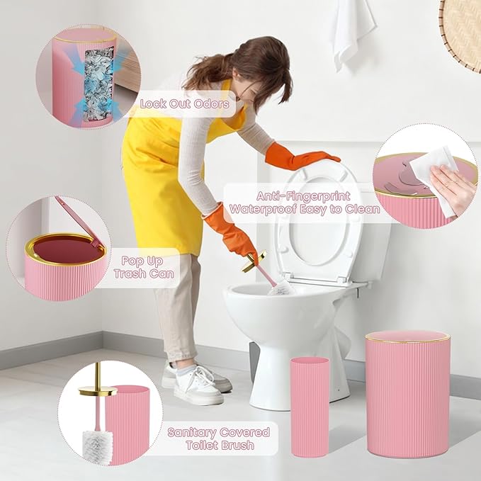 Light Pink Bathroom Accessories Set, 10PC Bathroom Set, Bath Accessory with Pop Up Trash Can, Soap Dispenser, Toilet Brush, Toothbrush Set Qtip Holders & Tray
