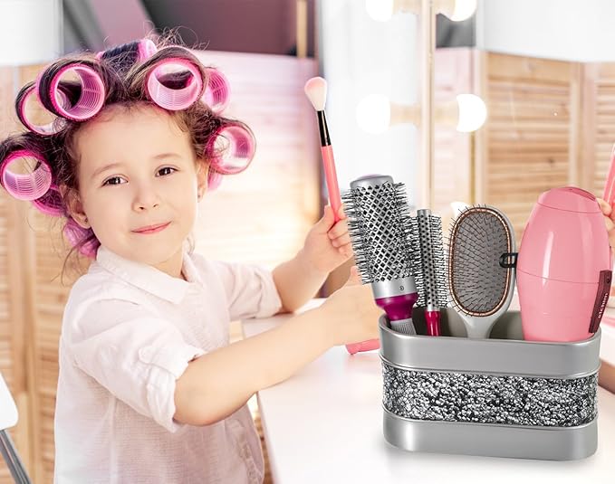Crackled Glass Silver Toothbrush and Toothpaste Holder for Bathroom - Decorative Bathroom Counter Electric Toothbrush Organizer, 3 Slot, Makeup Brush Holder