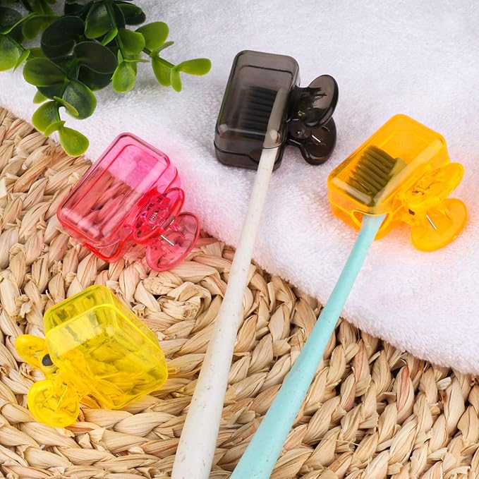 4 Pack Travel Toothbrush Head Covers Toothbrush Protector Cap Brush Pod Case Protective Portable Plastic Clip for Household Travel, Bathroom, Business, Camping, School (Grey, Yellow, Orange, Pink)