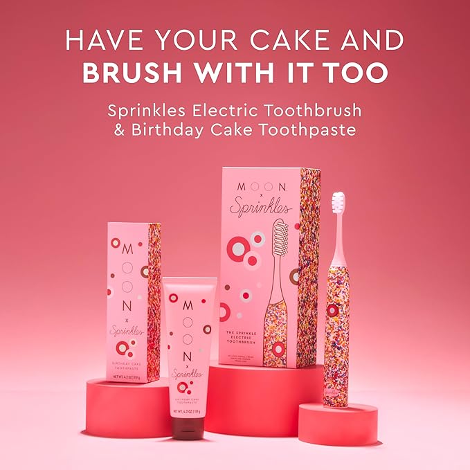 MOON x Sprinkles Toothbrush - Rechargeable Electric Toothbrush for Adults & Teens - 5 Sonic Cleaning Modes - Includes 2 Brush Heads & Travel Case - Cordless with Industry-Leading 6 Week Charge