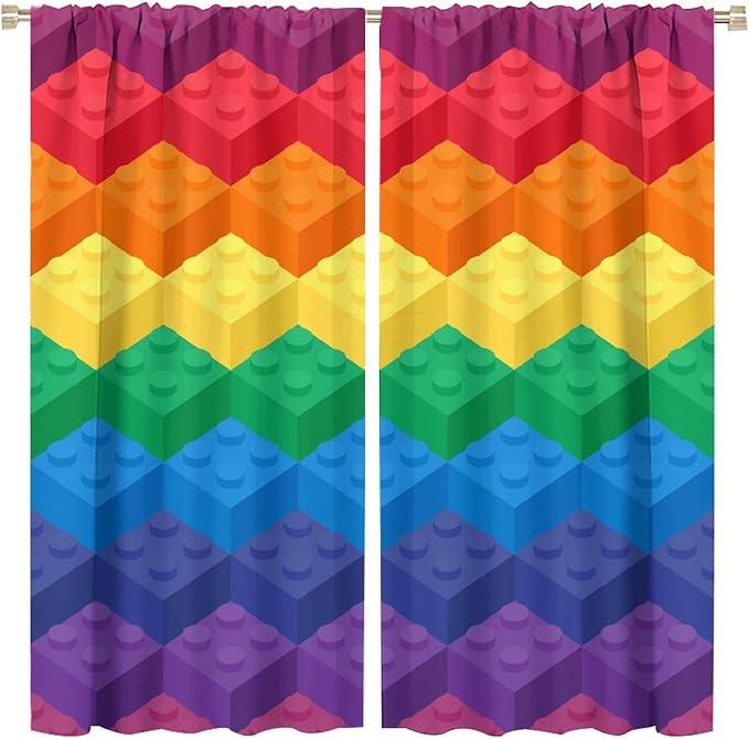 Colorful Building Blocks Cartoon Toy Printed Curtains, Bedroom, Living Room, Architecture, Curtains, Fun Brick 3D Design Curtains, Children's Living Room, Window Treatment Panels 2 Panels 52x84in