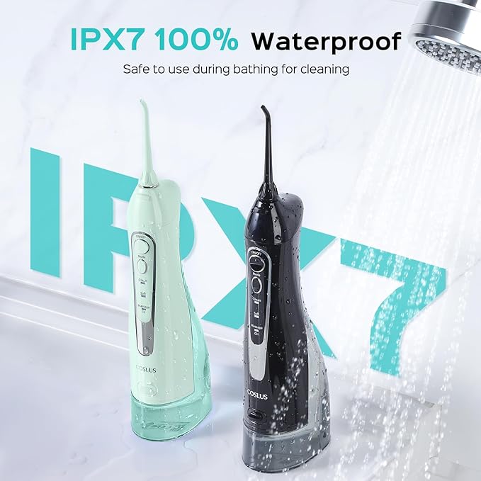 COSLUS 2 Pack Cordless Water Flosser with Elegant Packaging for Teeth, Braces, Gums Care - Easy to Use, Rechargeable, Waterproof, Portable for Travel, BPA-Free, Black & Green, C20(F5020E)