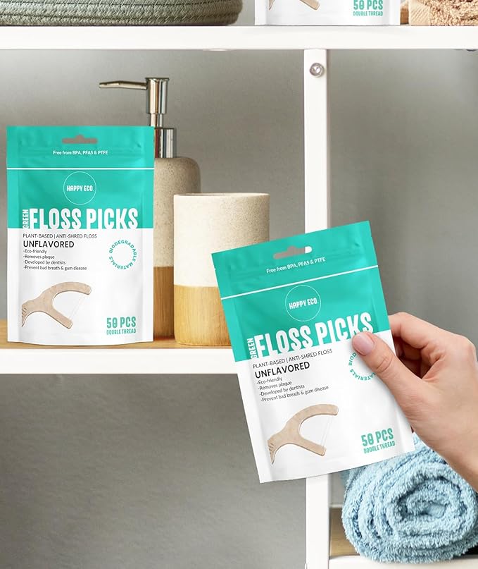 Floss Picks Biodegradable (200pcs) - Plant Based Dental Floss Picks, Natural Flossers for Adults & Kids, Nontoxic Vegan Tooth Pick Flossers & Eco Floss Sticks - Double Thread Unflavored