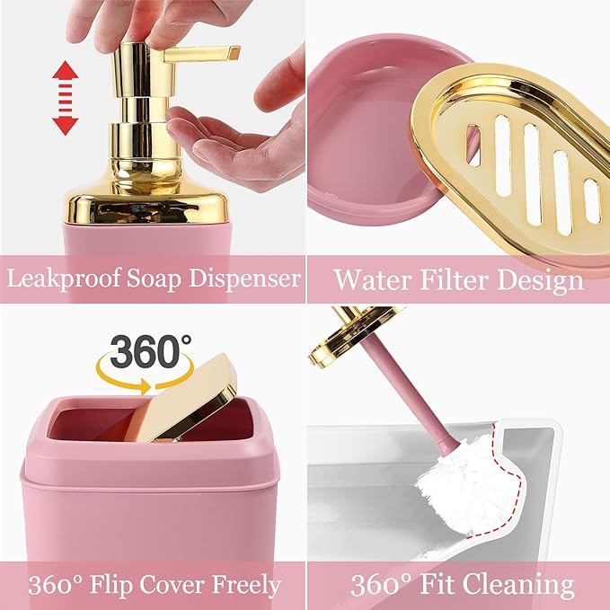 Bathroom Set - Pink and Gold Bathroom Accessories, Bathroom Sets with Shower Curtain and Rugs, Pink Shower Curtain Set with Bathroom Trash Can, Soap Dispenser, Soap Dish for Home Decor