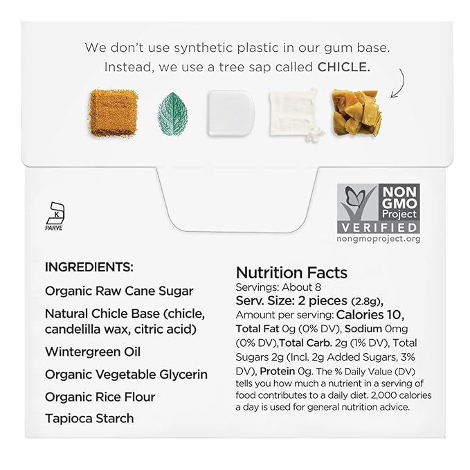 SIMPLY Gum Wintergreen, Plastic-Free Natural Chewing Gum, 6 Pack (90 Pieces) | Vegan, Kosher, Non GMO, Aspartame Free and Sorbitol Free