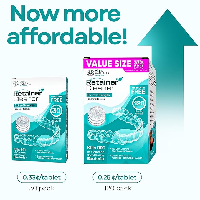 Weiss Naturals Retainer Cleaner Tablets, Invisalign Cleaner, Remove Stains, Odors & Plaque, PERSULFATE FREE Night Guard & Denture Cleaner 1-Month Supply, 30 Mint Scented Tablets