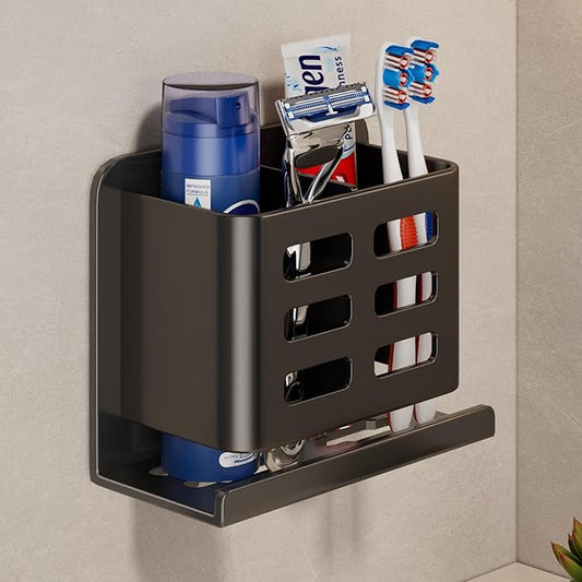 Black Wall-Mounted Toothbrush Holder, Aluminum Material Shower Shaver Storage Rack, No Drilling Required, Removable Toothpaste Storage Rack