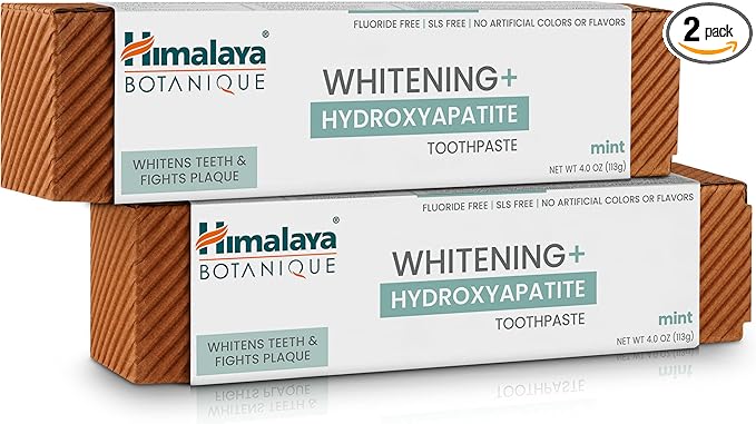 Himalaya Botanique Whitening + Hydroxyapatite Toothpaste, Mint Flavor - Nano Hydroxyapatite to Support Remineralization and Restore Enamel to Strengthen Teeth - Vegan, Gluten Free, 4 oz (Pack of 2)