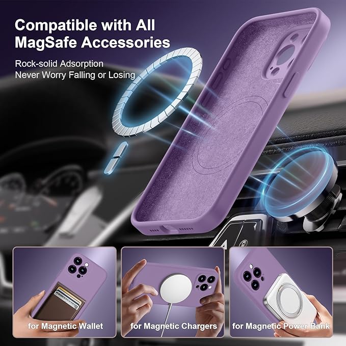 Magnetic for iPhone 15 Pro Case, Compatible with MagSafe, with 9H Nano Screen Protectors, Full Camera Protection, Silicone Shockproof Microfiber Lining Phone Case 6.1", Light Purple