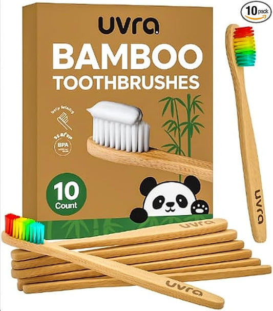 Bamboo Toothbrushes for Adults - 10 Pack Biodegradable Bamboo Toothbrush Teeth Colorful Bristle Natural Bamboo Tooth Brush Dental Eco Wood Toothbrushes (Rainbow)