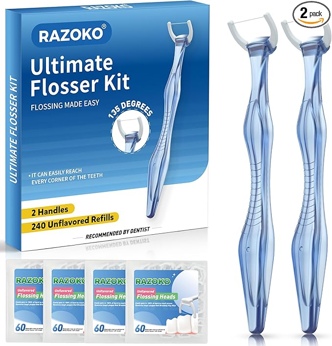 RAZOKO Dental Flosser Kit, Extra Strong Shred-Resistant Floss, for Hard-to-Reach Areas, PTFE & PFAS Free, 2 Handles + 240 Refill Heads