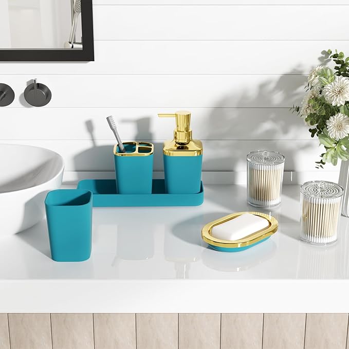 Bathroom Set - Teal Blue Bathroom Accessories Set, Bathroom Sets with Shower Curtain and Rugs, Teal Blue Shower Curtain Set with Bathroom Trash Can, Soap Dispenser, Soap Dish for Home Decor