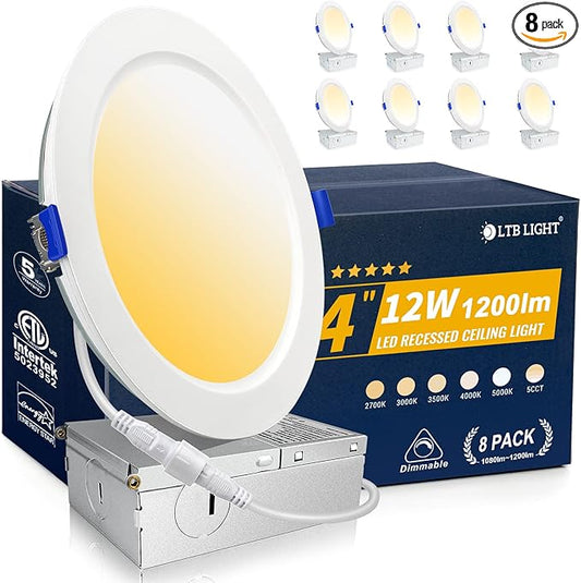 8 Pack 4 inch Recessed Lighting, Ultra-Thin LED Canless Recessed Lighting, Retrofit Dimmable Recessed Lights, 2700K/3000K/3500K/4000K/5000K Selectable,1200LM 12W - ETL & Energy Star Certified