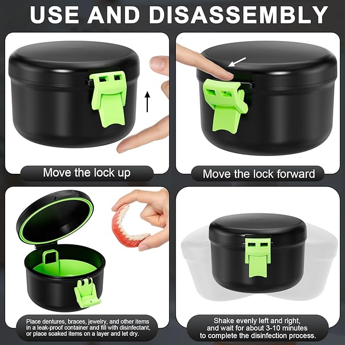 Denture Bath Cup, Leak Proof Denture Case for Travel, False Teeth Container for Soaking Dentures & Retainer, Retainer Cleaner Case, Black+Light Green.