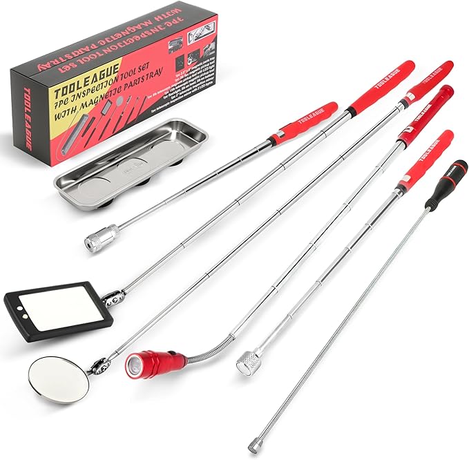 TOOLEAGUE 7Pcs Telescoping Magnetic Pickup Tool Set, Extendable LED Flashlight,Round & Square 360° Inspection Mirror for Men Mechanics, and Handymen, Red