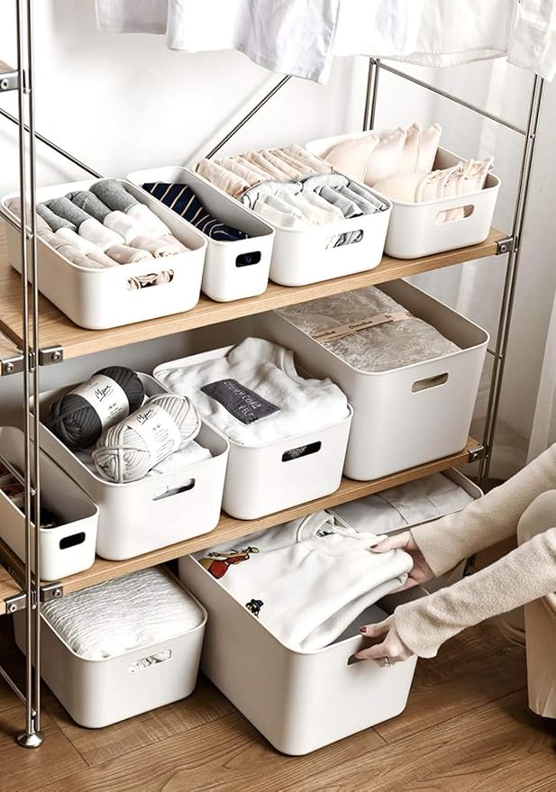 Amyup Set Of 2 Plastic Storage Bins,14.5x10.2x6.3 Versatile Kitchen Pantry Organization and Storage,for Plastic Storage Container Under Bed,Under Sink Bathroom Organizer (White, 2 Pack Large)