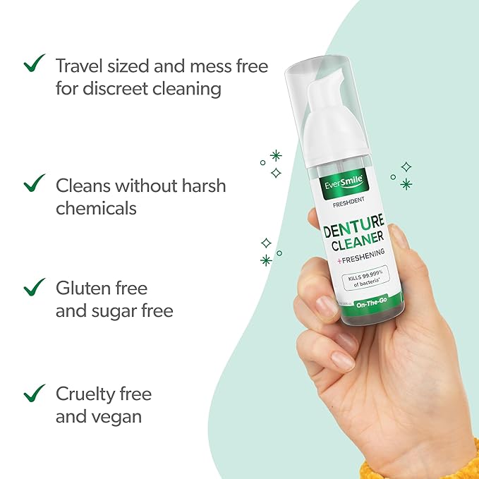 EverSmile FreshDent Denture and Partial Denture Cleaner + Teeth Whitening Spray and Foam– Travel Size Alternative to Cleaning Tablets That Eliminates Bacteria and Fights Bad Breath – 50ml + 10ml (4pk)
