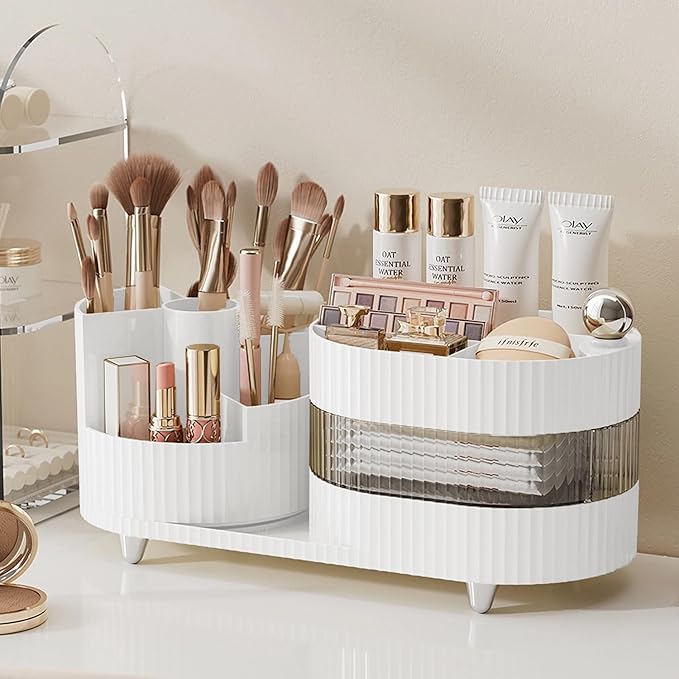Makeup Organizer Countertop 360°Rotating Makeup Organizer for Vanity - Make Up & Jewelry Storage Cosmetic Storage Holder with Makeup Brush Holder (3 Tiers, White)