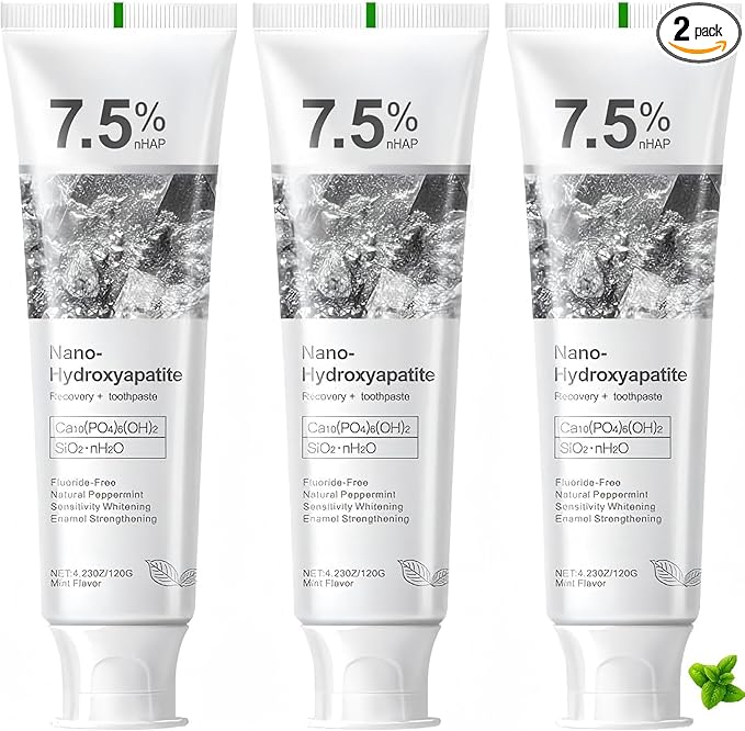 Hydroxyapatite Toothpaste 3-Pack, 7.5% HAp, Fluoride-Free, Enamel Repair & Whitening, Mint