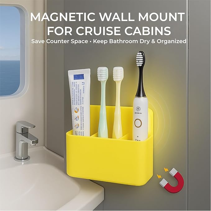 Cruise Essentials 2026 – Magnetic Toothbrush Holder for Cruise Ship Cabin, Wall-Mounted Cruise Bathroom Organizer, Travel Toothbrush Holder for Caribbean Cruise & Alaskan Cruise Must Haves (Yellow)