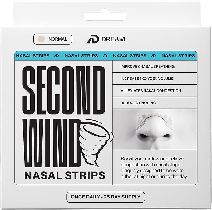 Dream Recovery Second Wind Nasal Strips - Nose Strips for Breathing, Sleep and Athletic Performance - Snore Relief and Congestion Support - Sand, Normal, 25 Count