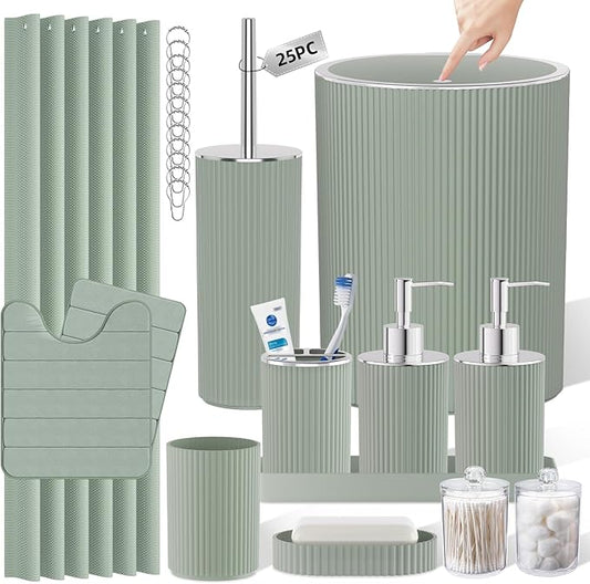 Sage Green Bathroom Accessories Set - Bathroom Sets, 25PC Bath Accessory Set, Bathroom Sets with Push Top Trash Can, Shower Curtain and Rugs, Toilet Brush, Trash Can & Soap Dispenser