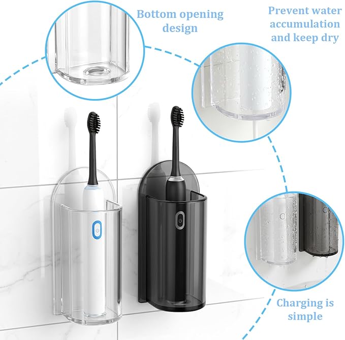 Wall-Mounted Electric Toothbrush Holders, 2Pcs Toothbrush Stand Self Adhesive Electric Tooth Brush Organizer Space Saver (Clear, Grey)