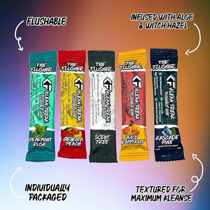 THE KLEAN FREAK FLUSHER - Flushable Wipes For Adults & Kids - 100% BIODEGRADABLE Individual Wrapped Travel WET Wipe for Toilet - Soothing Aloe & Witch Hazel - Alcohol Free 20 Pack - Mixed