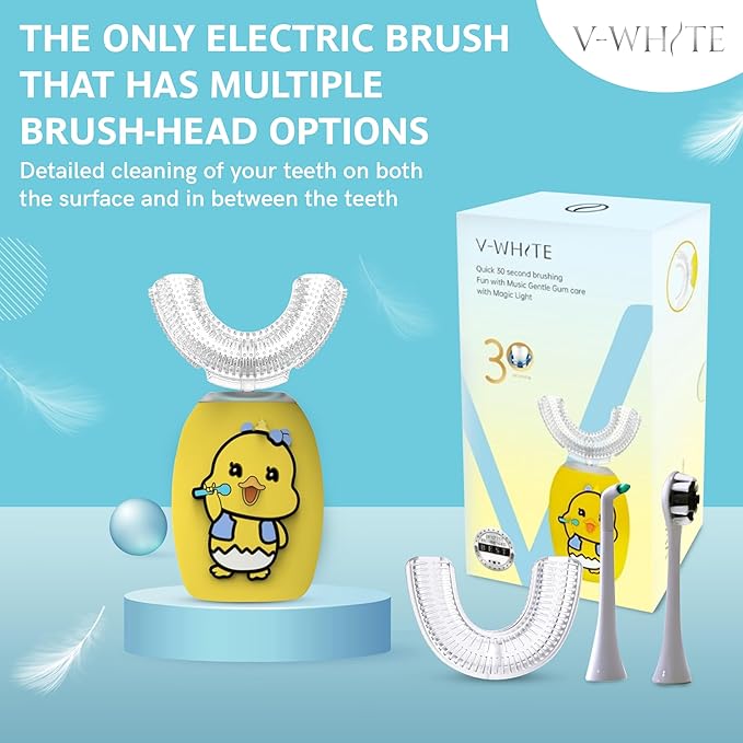 V-WHITE Ultrasonic U-Shaped Toothbrush For Teeth Whitening, Electric Toothbrush - 360° Mouth Cleansing, Hands Free Gums Protection - Wireless Charging - Waterproof IPX7 Certified (YELLOW - KIDS, KIDS)