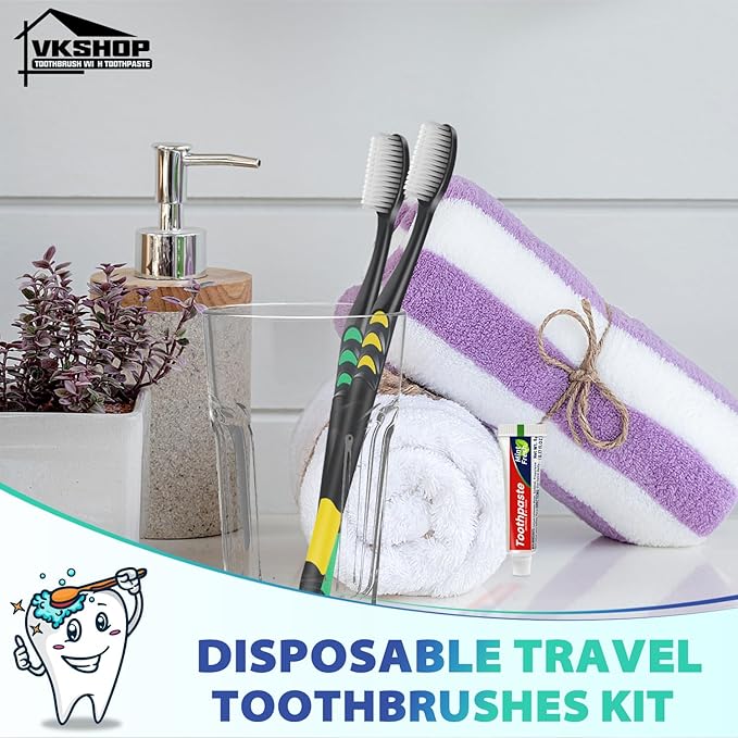 Disposable Toothbrush with Toothpaste, 12 Pack Individually Wrapped Travel Toothbrushes Set, Portable & Hygienic for Camping, Travel, Hotel, Flight, Party, Daily Use (Black, 5g Toothpaste)