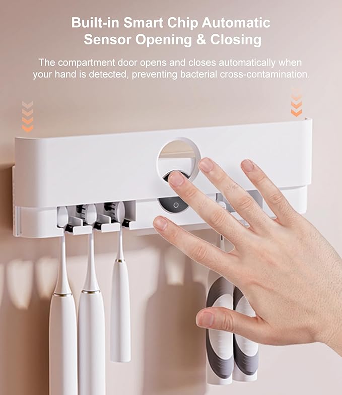 Smart Toothbrush Holder with Drying & Ventilation, 5 Brush Organizer with LED Display, Wall Mounted Storage with Shaver Slot for Family Bathroom
