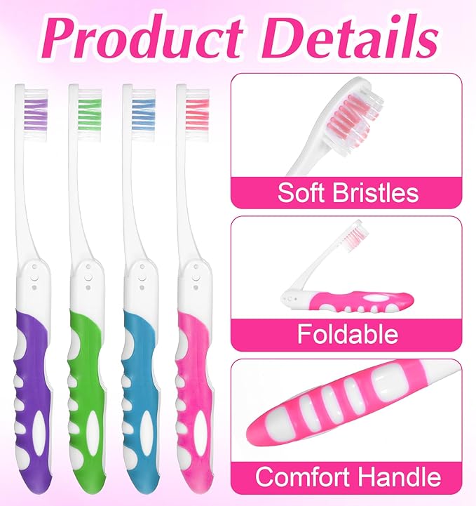 4 Pcs Travel Toothbrushes, Foldable Toothbrush for Adults & Kids, Compact Folding Design with Soft Bristles, Portable for Camping, Hiking & On-The-Go (4 Colors)