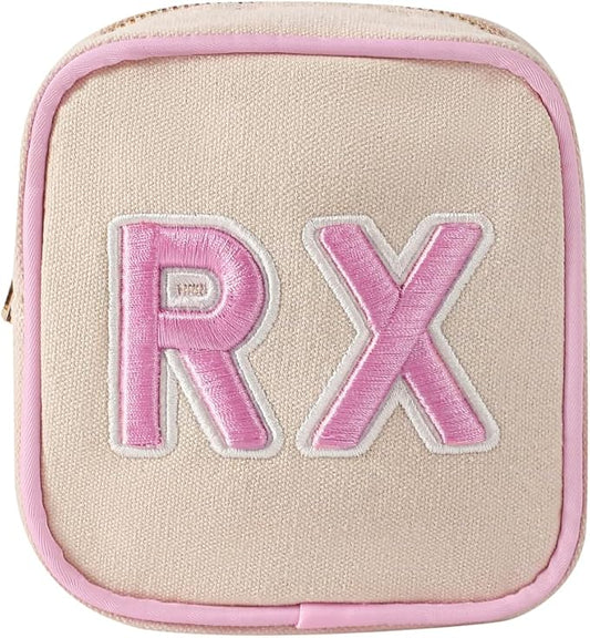 Small Canvas Rx Medicine Packages, Cute Chenille Letter Patch Drug Makeup Bag with Metal Zipper, Mini Travel First Aid Purse Organizer Machine Washable (04Light-Pink)