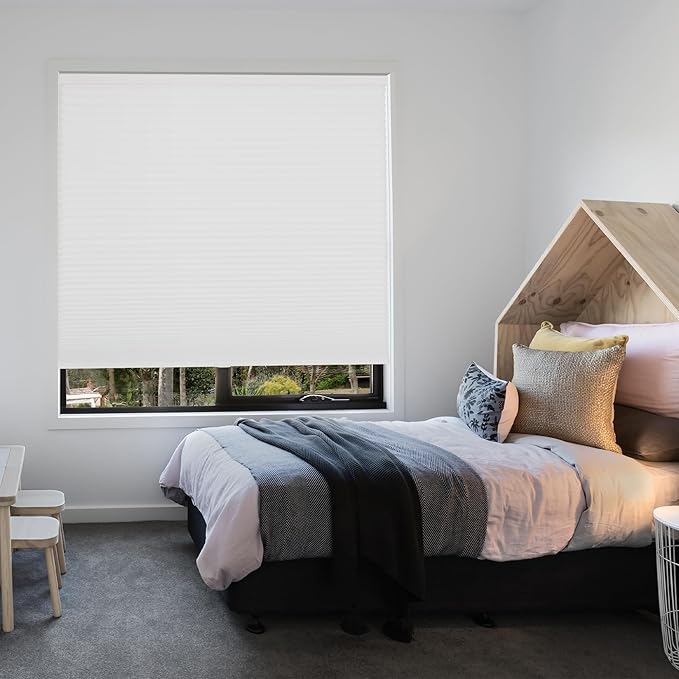 CALYX INTERIORS Blackout Cellular Honeycomb Shade, Cordless, 3/8" Single Cell, 28.5" W x 60" H, Blackout White