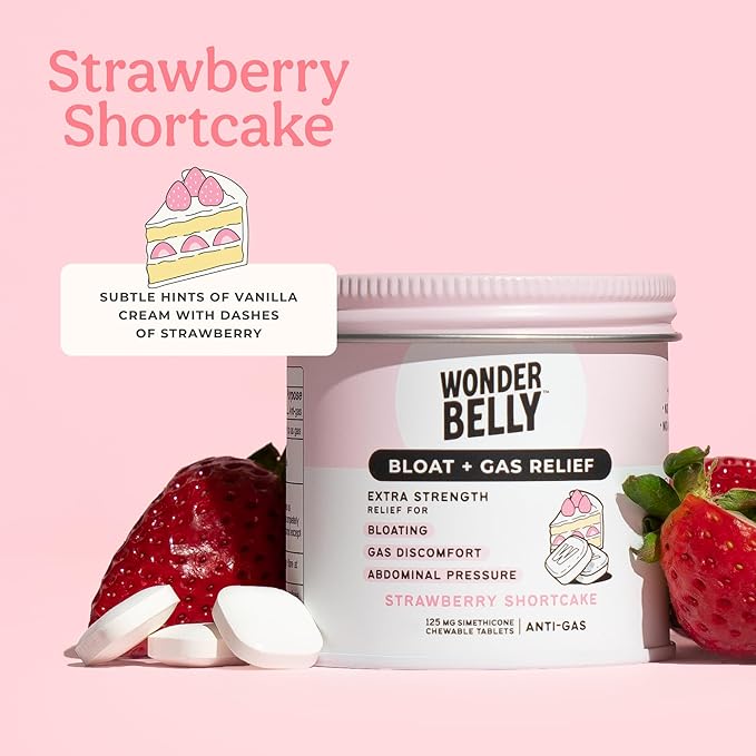 Wonderbelly Bloat Gas Relief Extra Strength Chewable Tablets with 125 mg Simethicone No Talc or Dye Strawberry Shortcake 35 Count