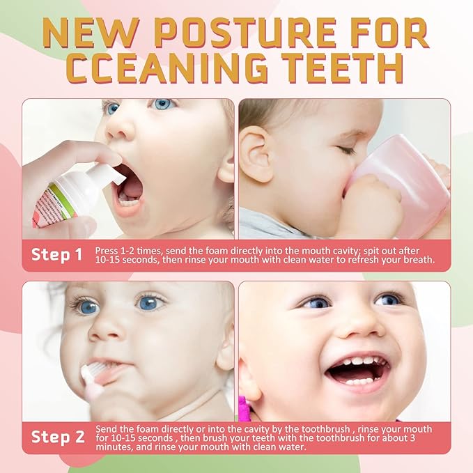 Foam Toothpaste Kids 2PCS, Toddler Toothpaste Cavity Protection, Clean and Whitening, 360ºCare, Portable, Kids Foam Toothpaste with Fluoride for Electric & U-Shape Toothbrushes（Strawberry）