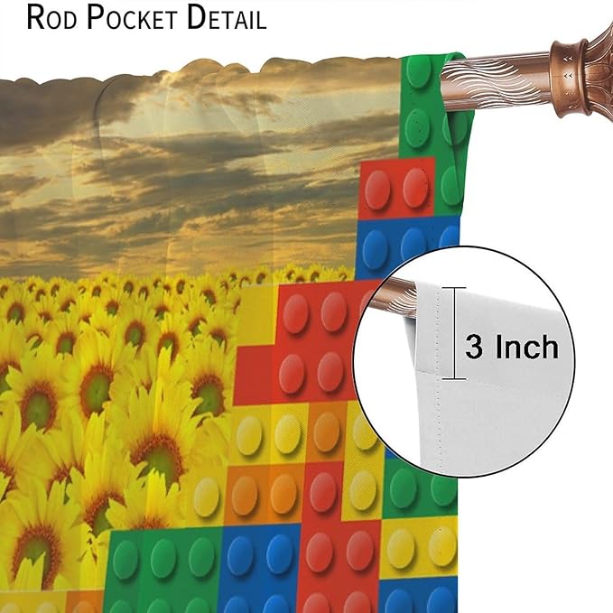 Colorful Building Blocks Sunflower Flower 3D Toy Printed Curtains, Building Blocks, Floral Sunflower Curtains, Interesting Brick 3D Design, Boys and Girls Room Curtain Panels, 2 Panels 52x84in