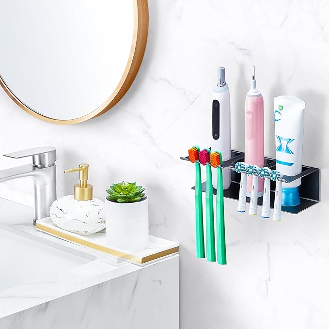 Electric Toothbrush Head Holders, Electric Toothbrush Holders Wall Mounted, Shower Electric Head Holder, Toothbrush and Toothpaste Holder, Tooth Brushing Holder for Bathroom (Black, Large)