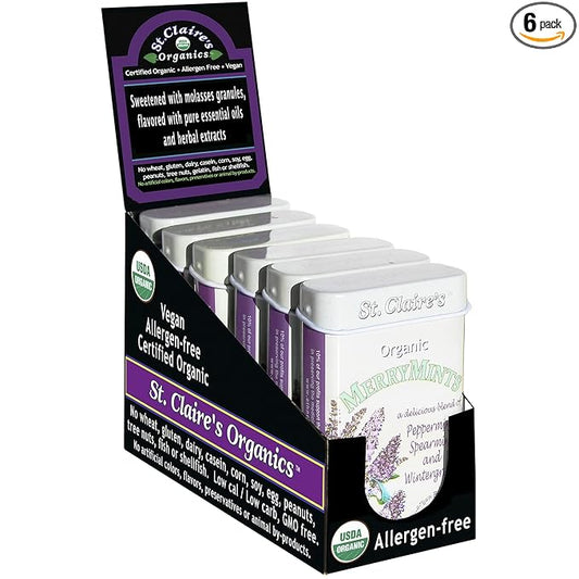 St. Claire's Organic Breath Mints, (MerryMints, 1.5 Ounce Tin, Pack of 6) | Gluten-Free, Vegan, GMO-Free, Plant-based, Allergen-Free | Made in our Allergen-Free facility