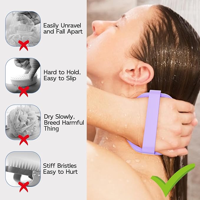 Silicone Body Scrubber 2-Pack - Exfoliating Shower Brush with Silver-Infused Design | Black & Purple