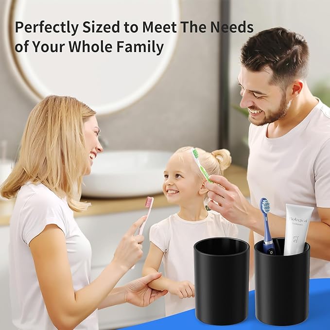 Toothbrush Cup 13.75oz 390ml with Non-Slip Pad, Easy to Clean Bathroom Cup 2Pcs, Reusable Plastic Bathroom Tumbler,Black
