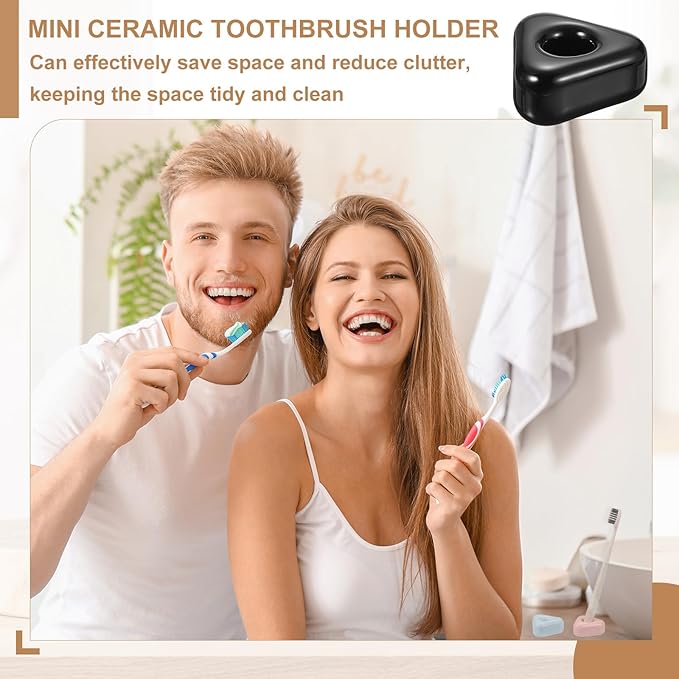uxcell 2 Pcs Mini Ceramics Toothbrush Holder Stands, Sleek Mini Countertop Toothbrush Triangle Shape Ceramic Holder Stand for Bathroom Vanity Countertops, Pink