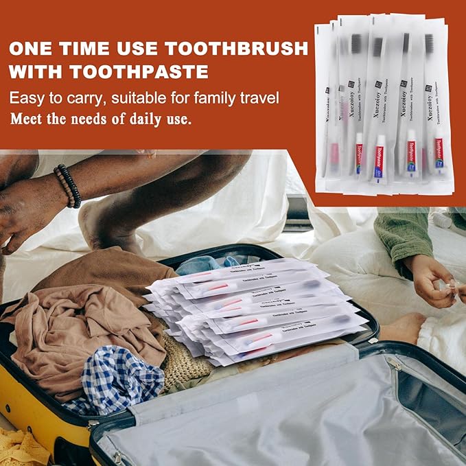 Xuezoioy Disposable Toothbrushes with Toothpaste,30 Pack Apricot Individually Wrapped Disposable Travel Toothbrushes Kit in Bulk for Homeless,Nursing Home,Hotel,Charity