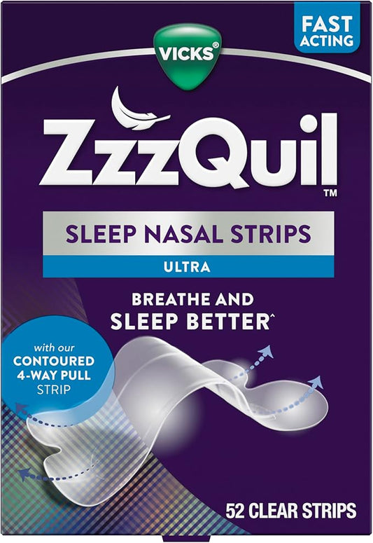 ZzzQuil Sleep Nasal Strips, Clear Nasal Strips, Snoring Relief from Nasal Congestion, Works Instantly, Reduces Nasal Congestion for Less Snoring and Better Sleep, Drug Free, 52 Nasal Strips
