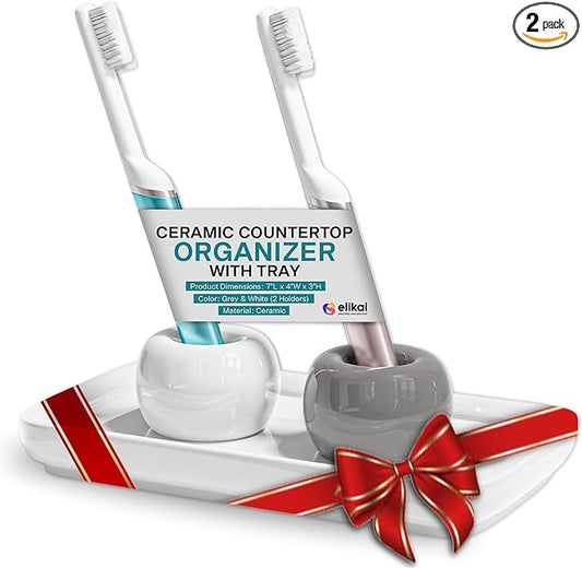 ELIKAI Ceramic Toothbrush Holder Set with Tray, Countertop Organizer for Bathroom, Storage Solution for Toothbrushes, Bathroom Accessories - (Grey & White) – 2 Pack