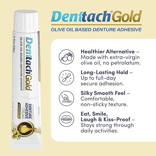 Denttach Gold Denture Adhesive, Petroleum Free Olive Oil Based Premium Denture Adhesive Cream for Full and Partial Dentures, All Day Secure Hold Denture Glue, Zinc Free, 2.4 Ounce (Pack of 3)
