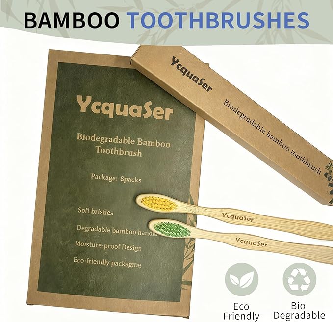 8 Pack Bamboo Toothbrushes - Soft Bristles, BPA Free, Eco-Friendly Natural Wooden Toothbrushes for Adults & Family, Zero Waste Compostable Handle
