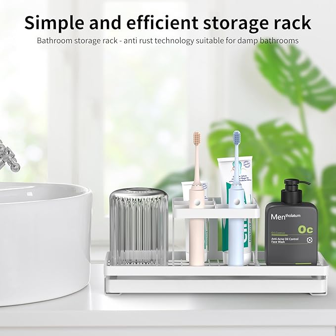 Toothbrush Holders for Bathrooms, 5 Slots Carbon Steel Tooth Brushing Holder Electric Toothbrush and Toothpaste Organizer Bathroom Accessories for Countertop, Shower, White