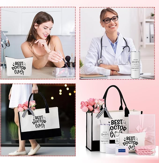 Geiserailie 8 Pcs Christmas Doctor Gifts for Women Including Large Tote Bag Cosmetic Bags Tumbler Cup Plush Socks Metal Keychain Card and Envelope for Doctor Thank You Gifts